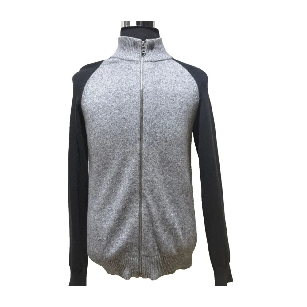 Banana Republic Mens Gray Black Mock Neck Full Zip Knit Sweater Jacket Pullover
